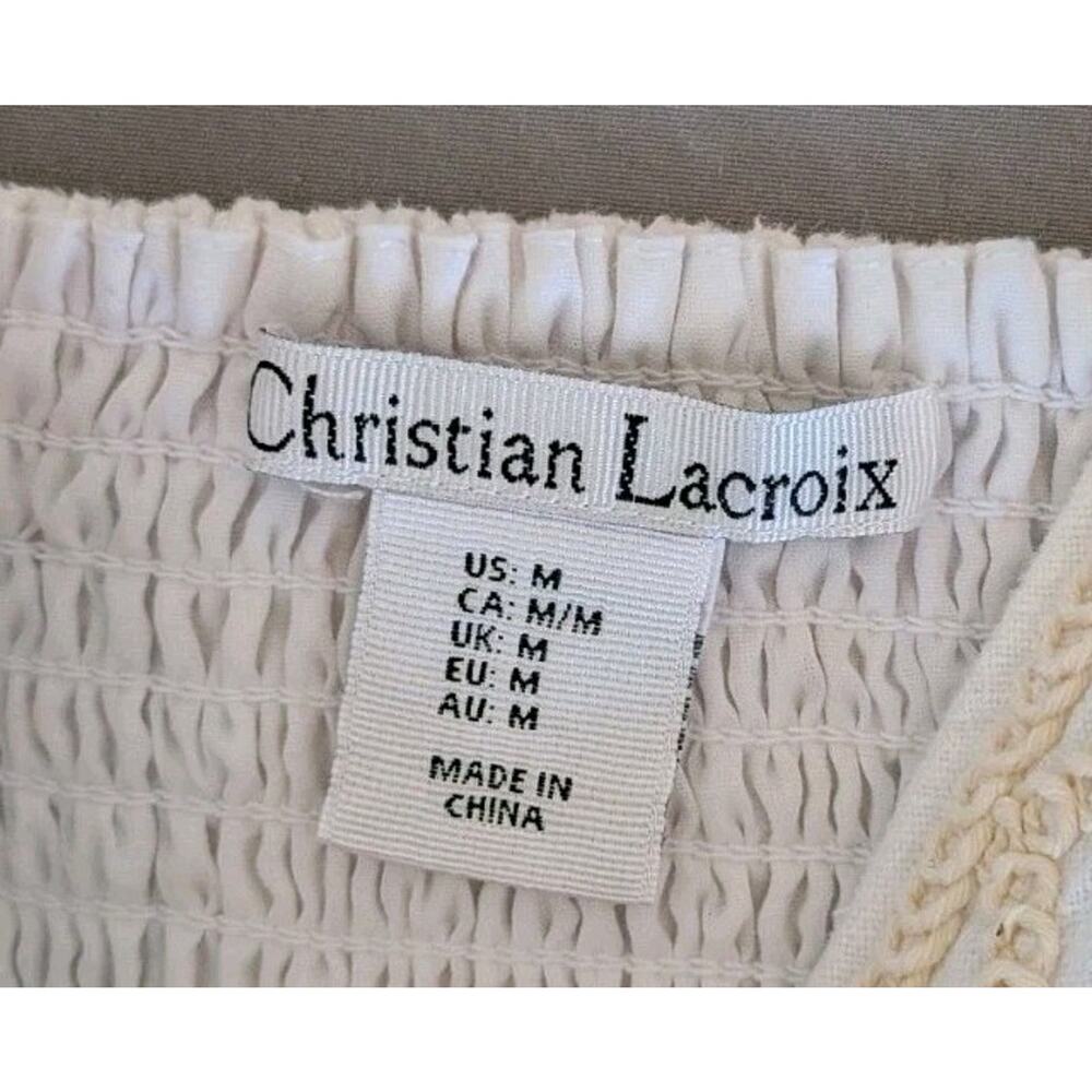 Christian Lacroix White Linen Blend Embroidered Sundress Smocked Boho Medium - Picture 8 of 9